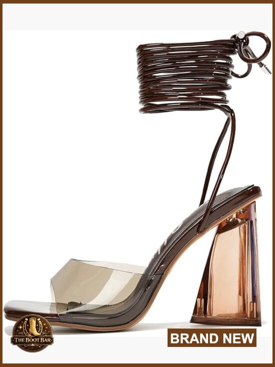 Shoes - Clear Strappy Heels - Square Toe Lace Up Prom Wedding Sandals